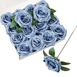 16 Count Dusty Blue Silk Roses 4 Inch Heads & Stems Bouquet Flowers New